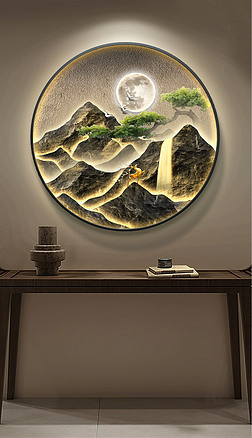 新中式轻奢灯带画抽象山水一鹿高升圆形装饰画4