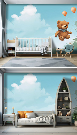 原创高端卡通儿童房幼儿园可爱小熊背景墙壁纸壁画