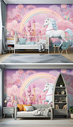 原创卡通儿童房幼儿园粉色公主房白马背景墙壁纸壁画