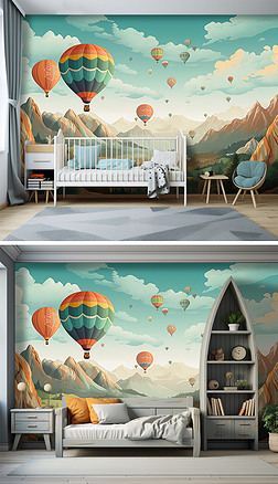 原创高端卡通儿童房幼儿园梦幻热气球背景墙壁纸壁画