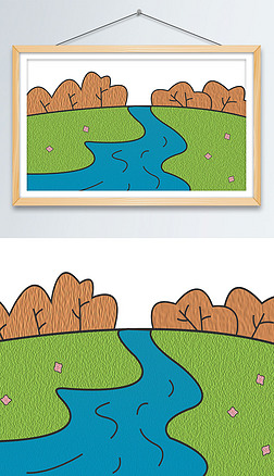 青青草地上一条弯弯的小河卡通插画素材背景