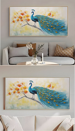 现代艺术手绘肌理抽象多色孔雀客厅沙发装饰画二