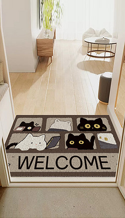 入户猫咪黑色棋盘格纹简约卡通时尚创意进门地垫