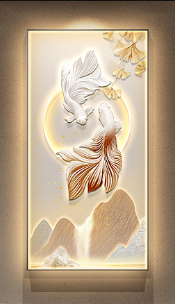 新中式轻奢灯带画抽象山水年年有鱼玄关装饰画