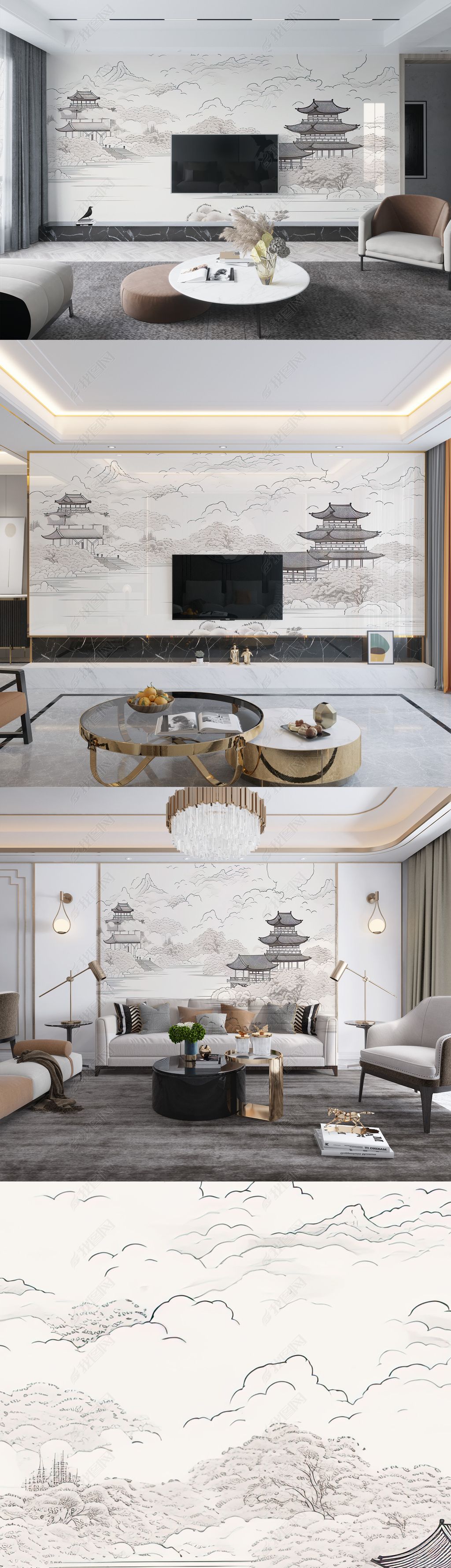 浅绿抽象山水意境财源滚滚电视沙发壁布背景墙