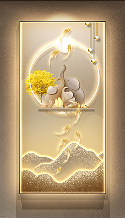 新中式轻奢灯带画抽象山水大象九鱼图玄关装饰画2