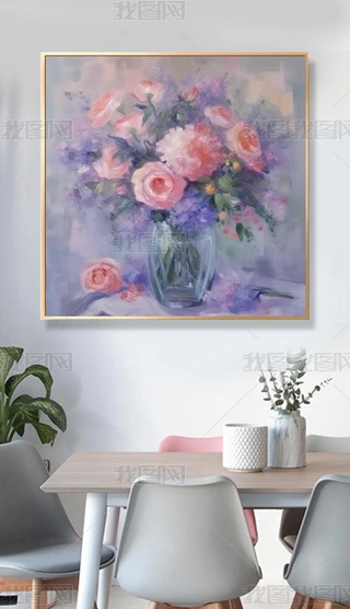 纯手绘油画肌理橙紫色花卉客厅装饰画花瓶抽象简下载-编号34001197-油画
