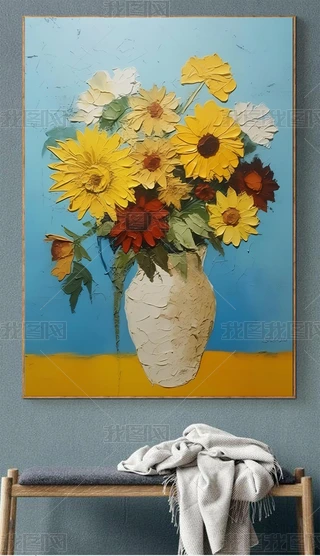 梵高向日葵名画纯手绘油画抽象花卉玄关肌理装饰下载-编号