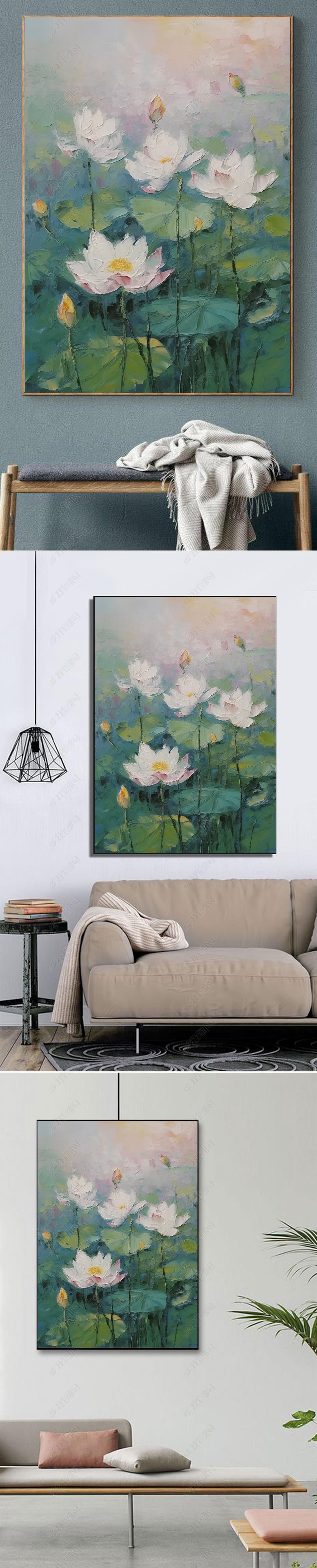 原创莫兰迪抽象莲花肌理手绘油画植物花卉客厅装饰画荷花入户玄关挂画