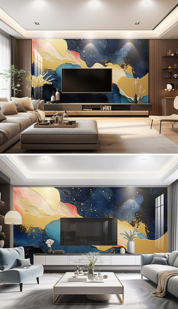 北欧深海蓝艺术抽象涂鸦客厅电视背景墙