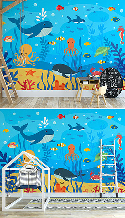 蓝色海底世界卡通鲸鱼可爱海豚海洋珊瑚儿童房背景墙