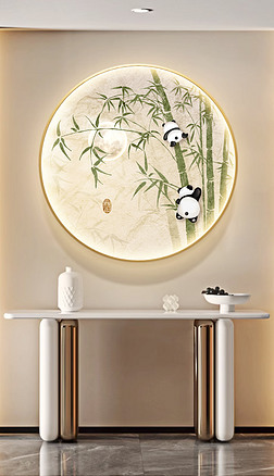现代轻奢竹报平安熊猫竹子玄关客厅圆框装饰画1