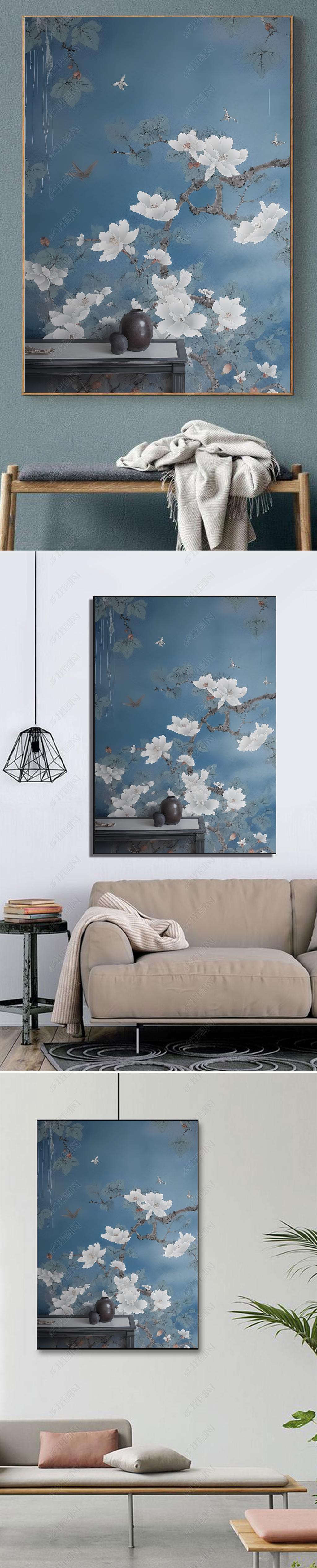 原创手绘油画新中式蓝色玉兰花装饰挂画轻奢国潮花卉客厅玄关桌面摆件