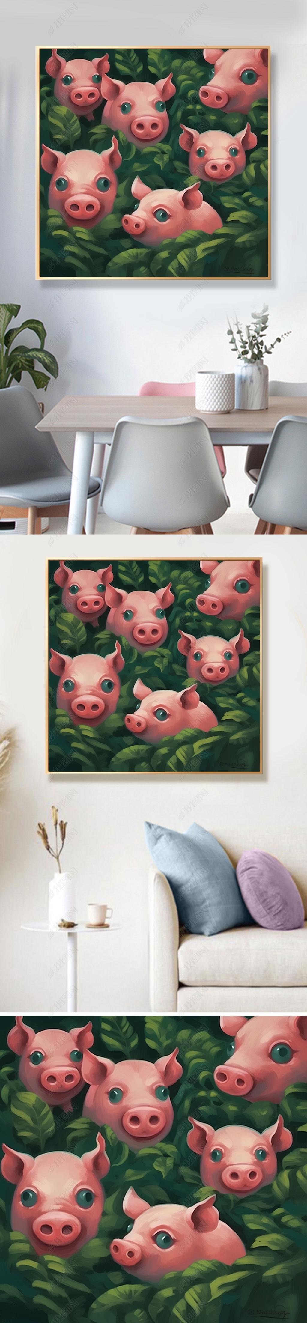 原创美式手绘油画生肖猪装饰画小猪肌理画客厅玄关儿童房可爱卡通挂画