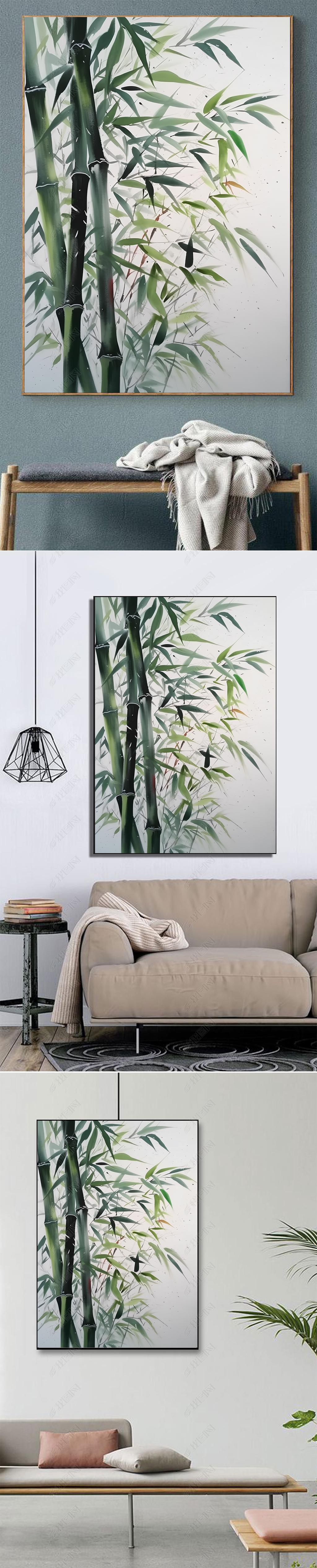 现代简约竹报平安玄关装饰画客厅手绘油画节节高升竹子肌理画挂画