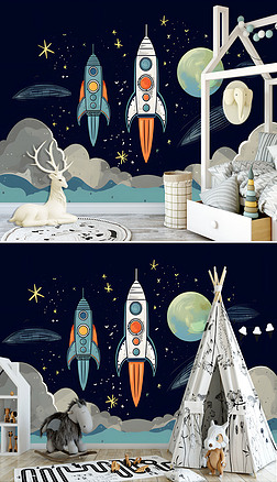 北欧ins手绘卡通太空星球儿童房全屋卡通房背景墙