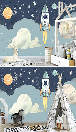 北欧ins手绘宇航员卡通太空火箭星球儿童房背景墙