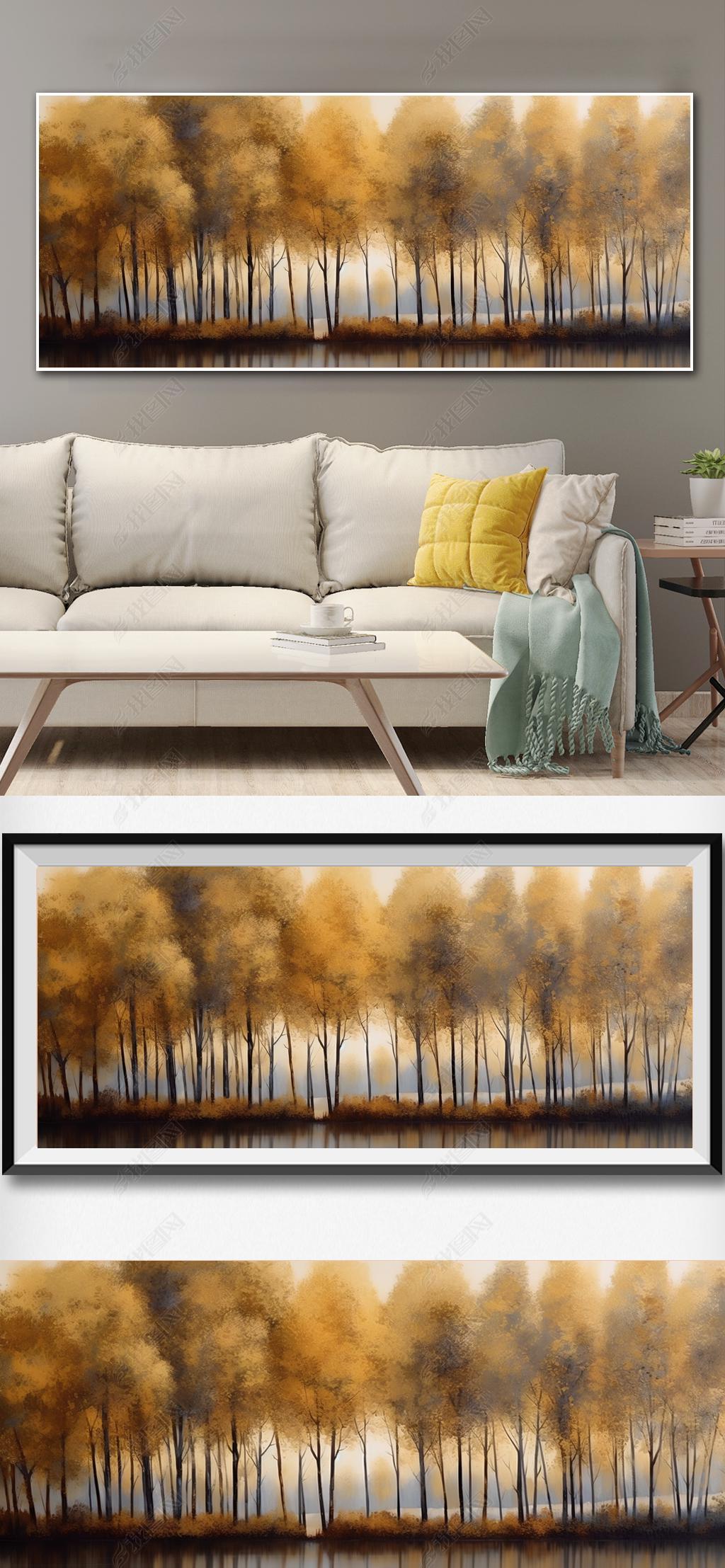 原创黄金树林 现代美式抽象风景油画手绘 轻奢简美玄关卧室餐厅装饰画