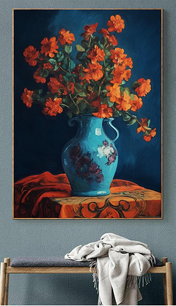 美式轻奢静物花卉玄关油画餐厅走廊有框艺术装饰画 蓝色花瓶