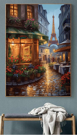 巴黎街景 欧式玄关书房风景油画手绘 美式走道装饰画有框卧室画
