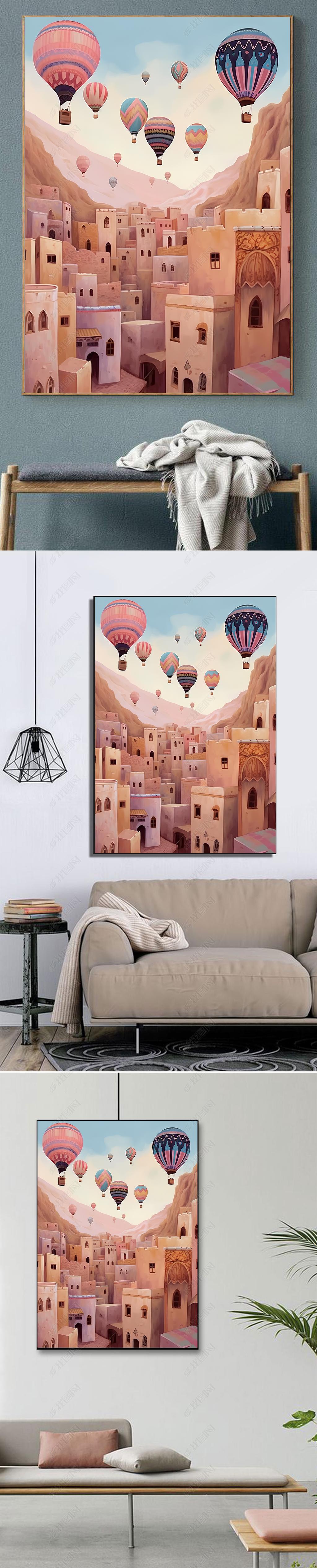 原创小众艺术土耳其热气球群手绘油画客厅装饰画环球旅行风景玄关挂画