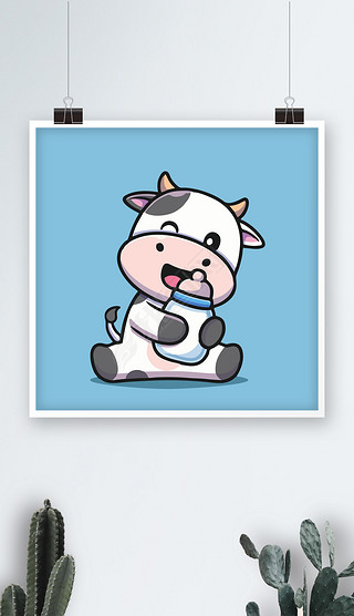 抱着奶瓶的花花牛奶牛卡通画儿童插画