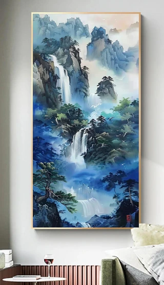 意境挂画装饰画|新中式意境山水风景客厅装饰画高山流水手绘油画玄关过道走廊挂画