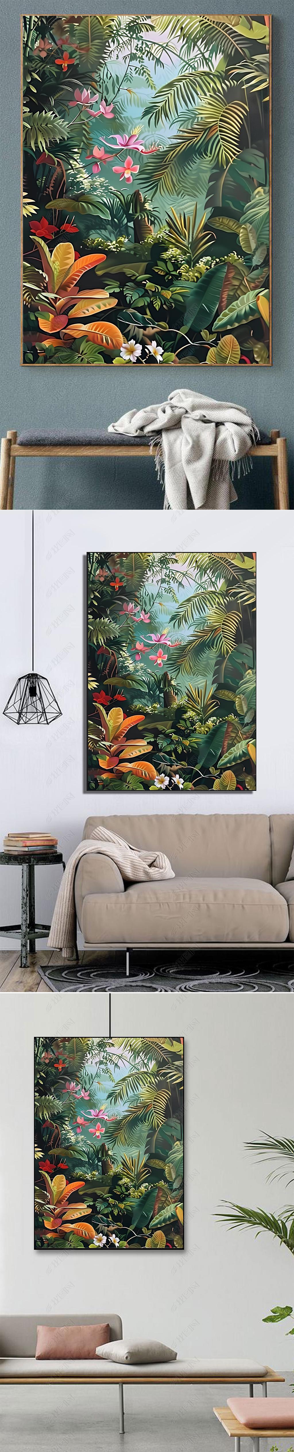 原创热带雨林正方形手绘油画客厅芭蕉叶卢梭装饰壁画玄关绿色植物挂画