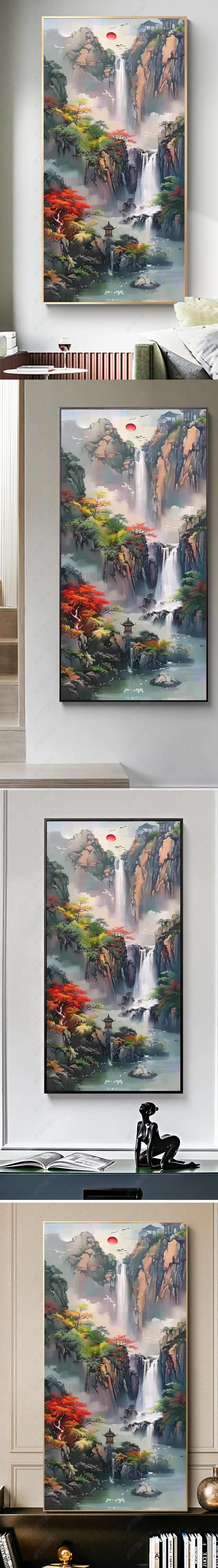 高山流水生财新中式玄关挂画旭日东升手绘油画客厅山水风景装饰画
