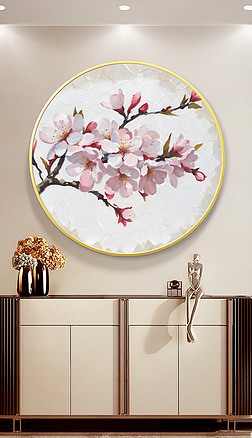新中式樱花桃花花卉圆形肌理手绘客厅玄关装饰画