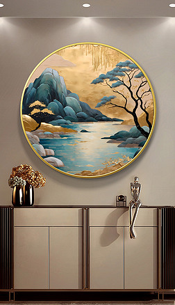 新中式洒山水风景迎客松圆形肌理手绘客厅玄关装饰画