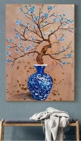 新中式纯手绘油画中式古典花瓶装饰画入关玄关花下载-编号