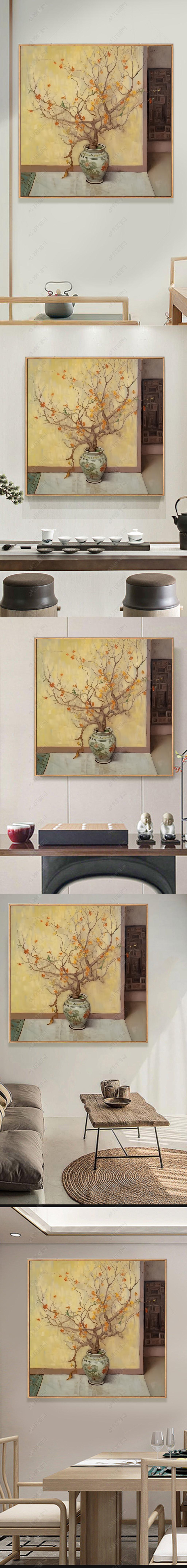 文艺古典客厅沙发背景墙装饰画花瓶摆件纯手绘油画玄关挂画