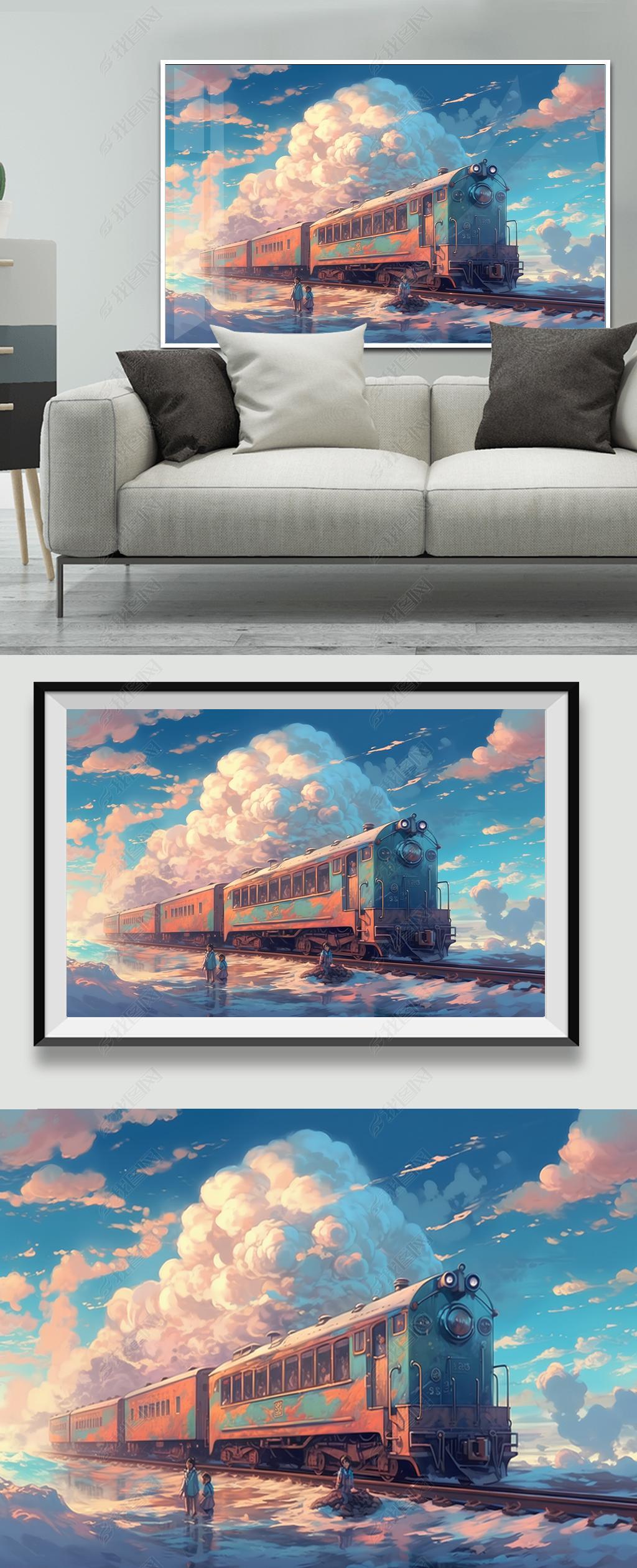 原创宫崎骏火车旅途风景客厅装饰画卡通创意儿童房挂画治愈系手绘油画