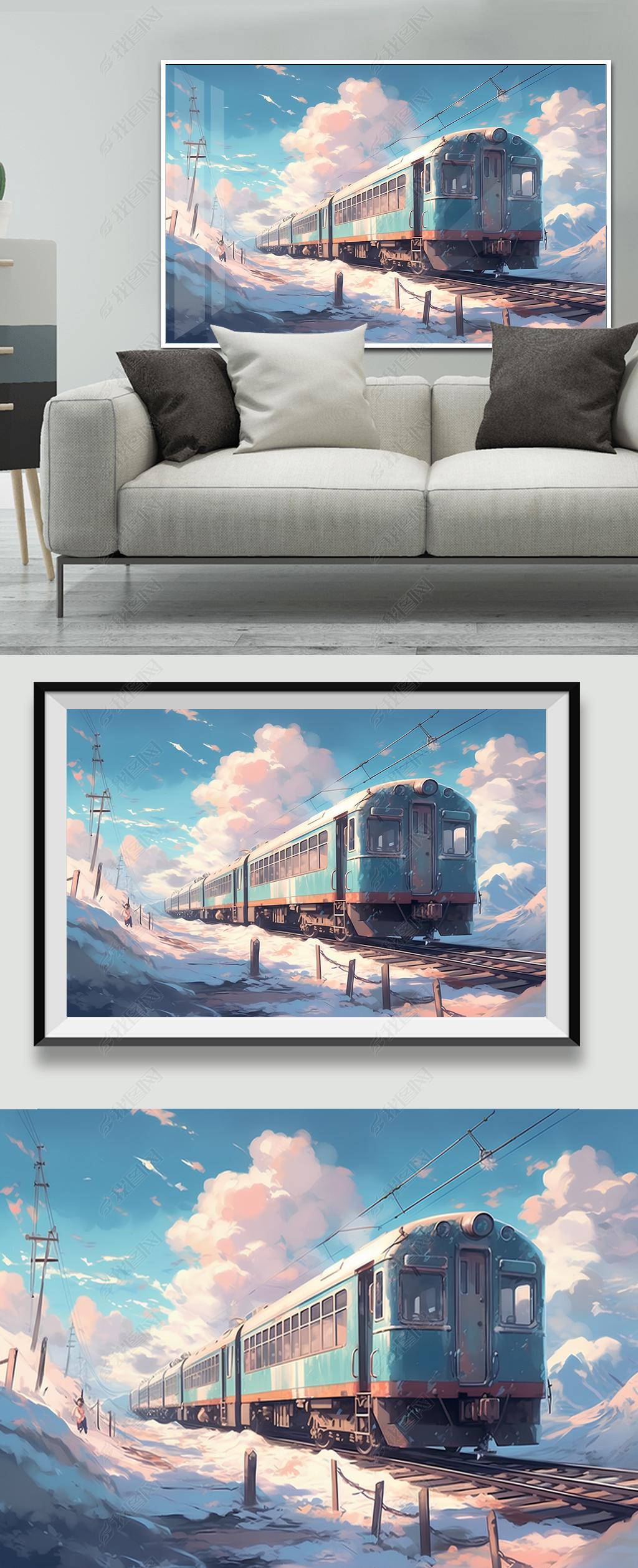 原创宫崎骏火车旅途风景客厅装饰画卡通创意儿童房挂画治愈系手绘油画