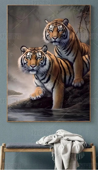 猛虎 虎嘯山林 掛軸 老虎掛畫猛虎下山畫虎嘯山林圖裝飾畫上山虎客廳玄關