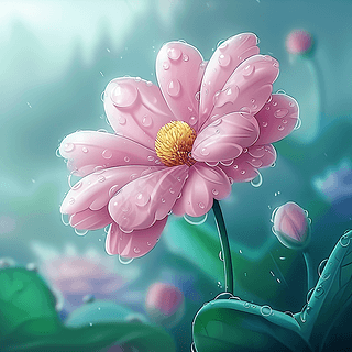 春天雨中一朵3d立体膨胀风格的小花朵图片