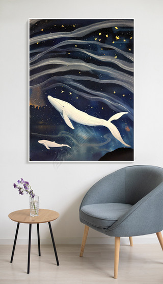 鲸鱼星空大海抽象艺术油画现代美式装饰画儿童卧室画