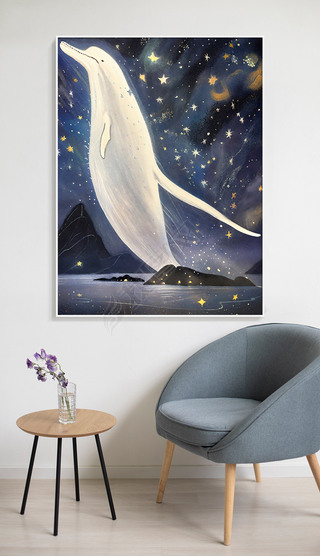 鲸鱼星空大海抽象艺术油画现代美式装饰画儿童卧室画