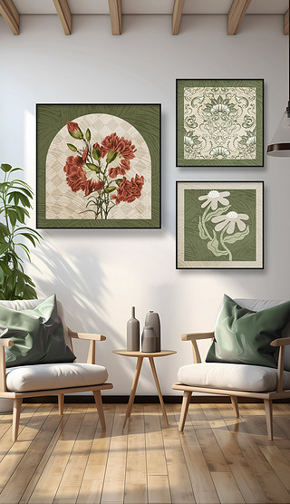 北欧油画植物花卉客厅装饰画三联组合装饰画