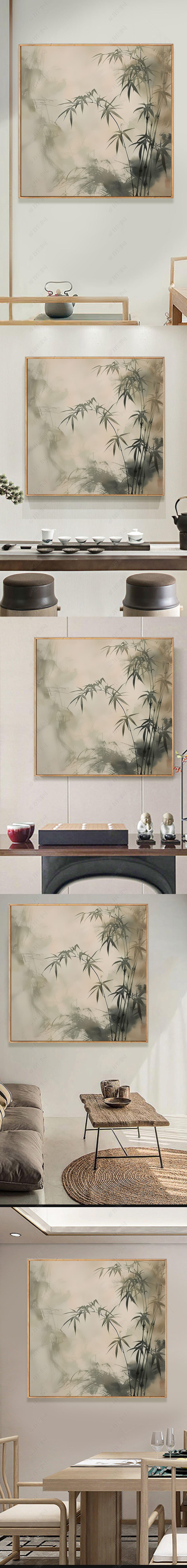 新中式竹子手绘油画节节高升肌理画书房玄关装饰画客厅挂画