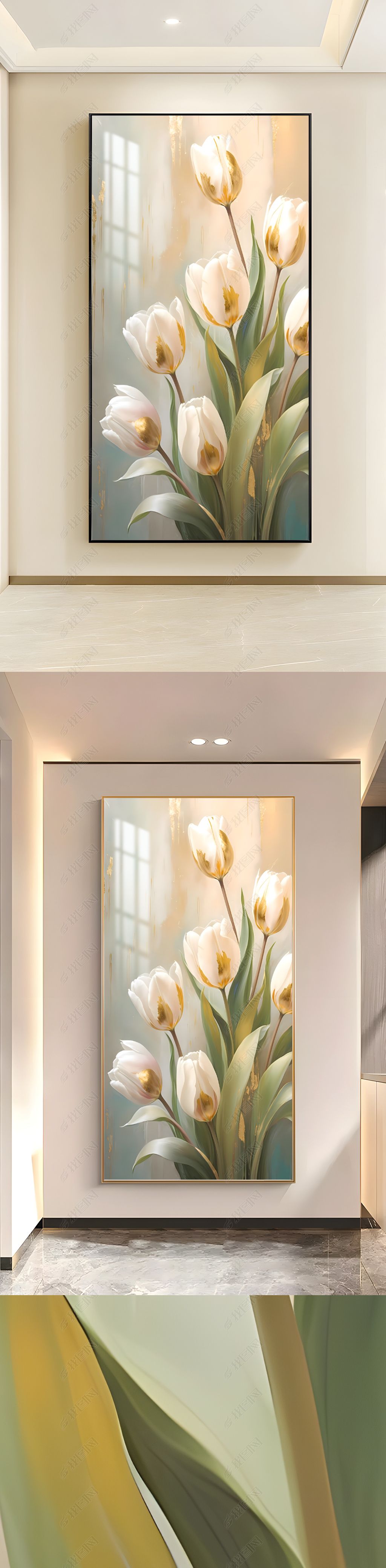 原创北欧现代郁金香手绘肌理油画烫金装饰画客厅玄关挂画