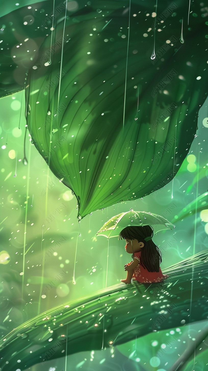 原创下雨天女孩撑着伞坐在竹叶上图片