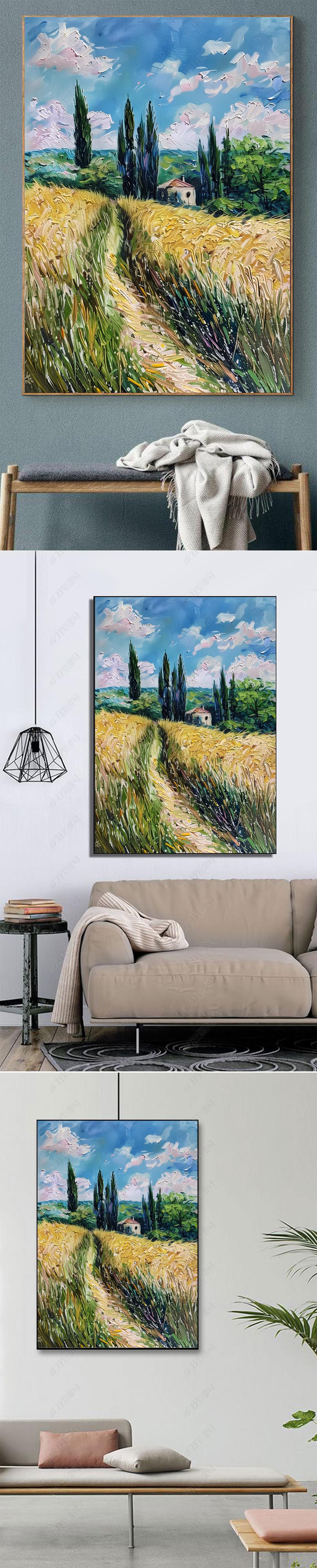 原创莫奈丰收麦田手绘油画印象派金色麦穗客厅装饰画玄关名画风景挂画