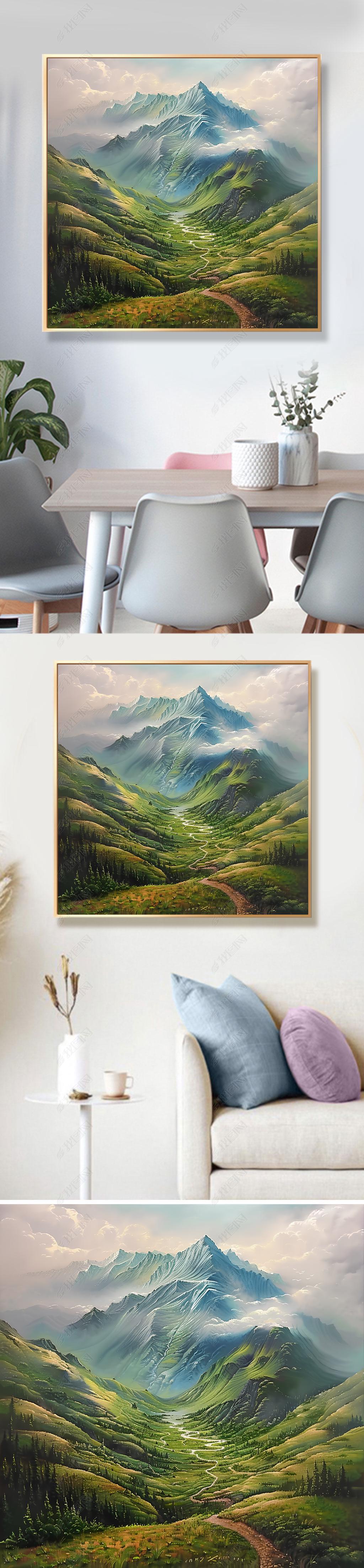 原创巨人山纯手绘油画新中式入户玄关装饰画客厅走廊过道绿色风景挂画