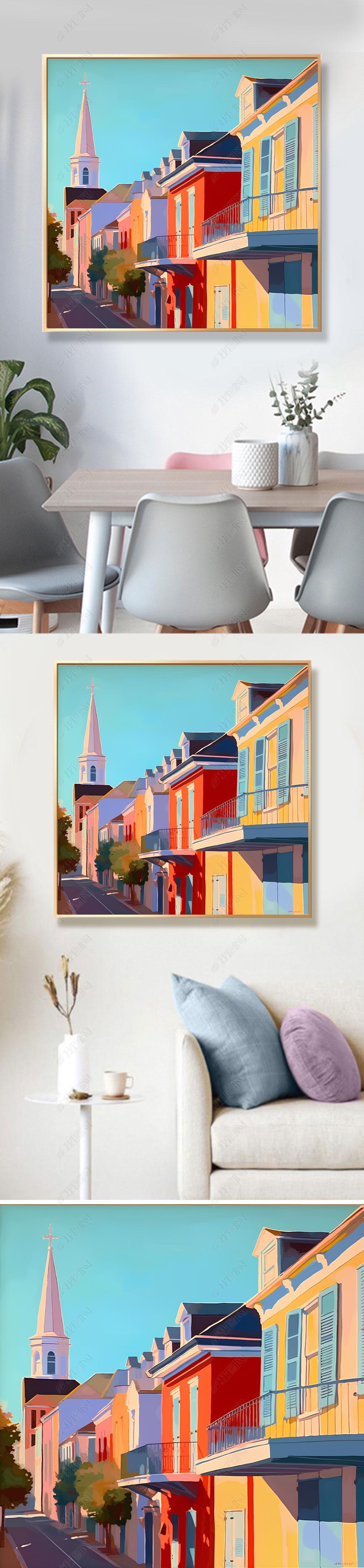 原创彩色房子纯手绘油画北欧简约建筑风景客厅装饰画小众艺术玄关挂画