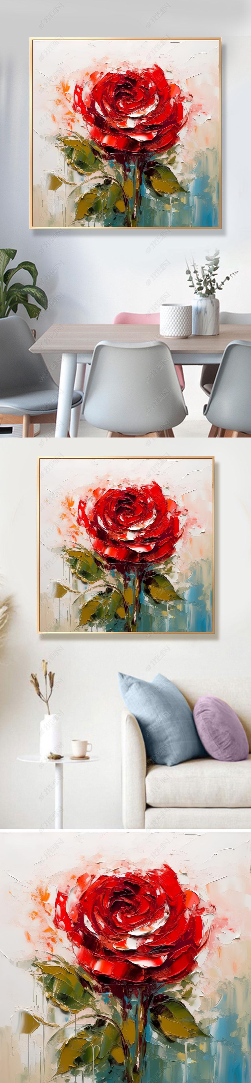 原创牡丹花纯手绘油画玄关客厅花开富贵装饰画正方形抽象肌理花卉挂画
