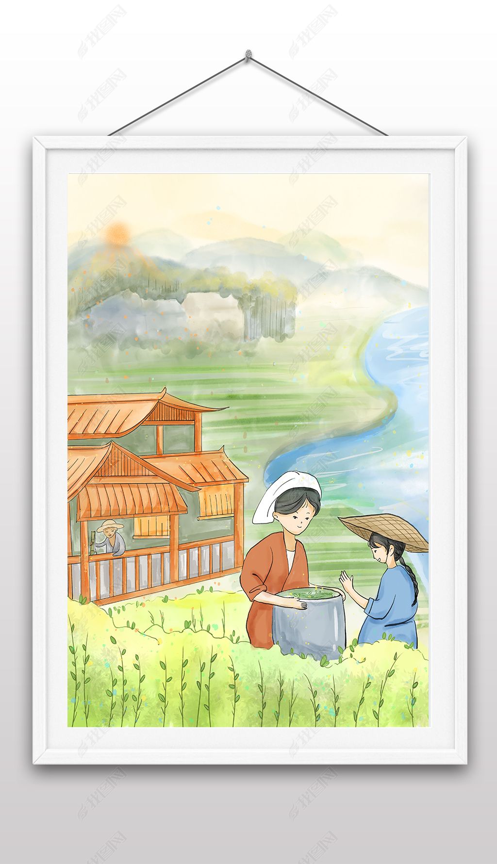 原创手绘水墨风节气谷雨女孩采茶国风水彩插画-版权可商用