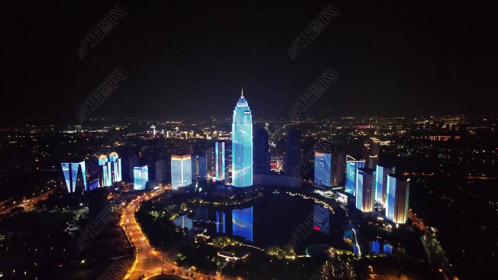 原创浙江绍兴迪荡湖世贸中心夜景灯光秀航拍-版权可商用