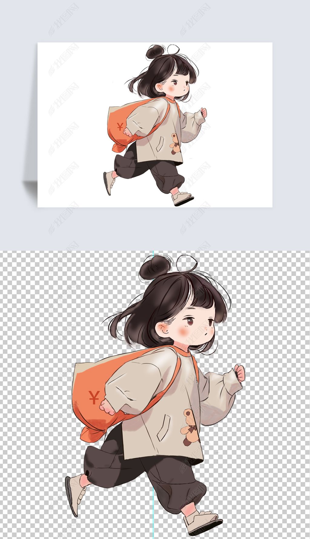 原创手绘憧憬幸福生活努力赚钱背钱袋子回家小姑娘-版权可商用